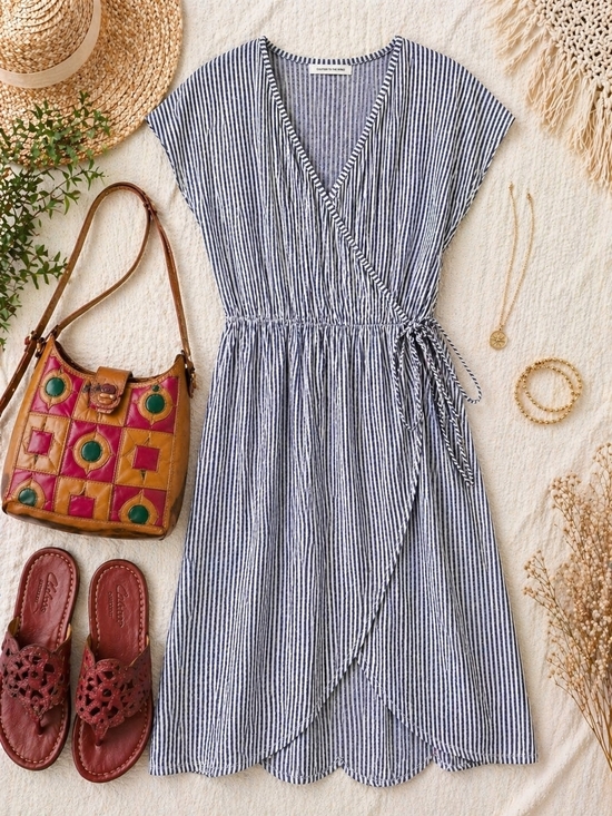 Caution To The Wind Dresses & Skirts - Caution To The Wind Striped Wrap Dress S Blue White Tie Waist